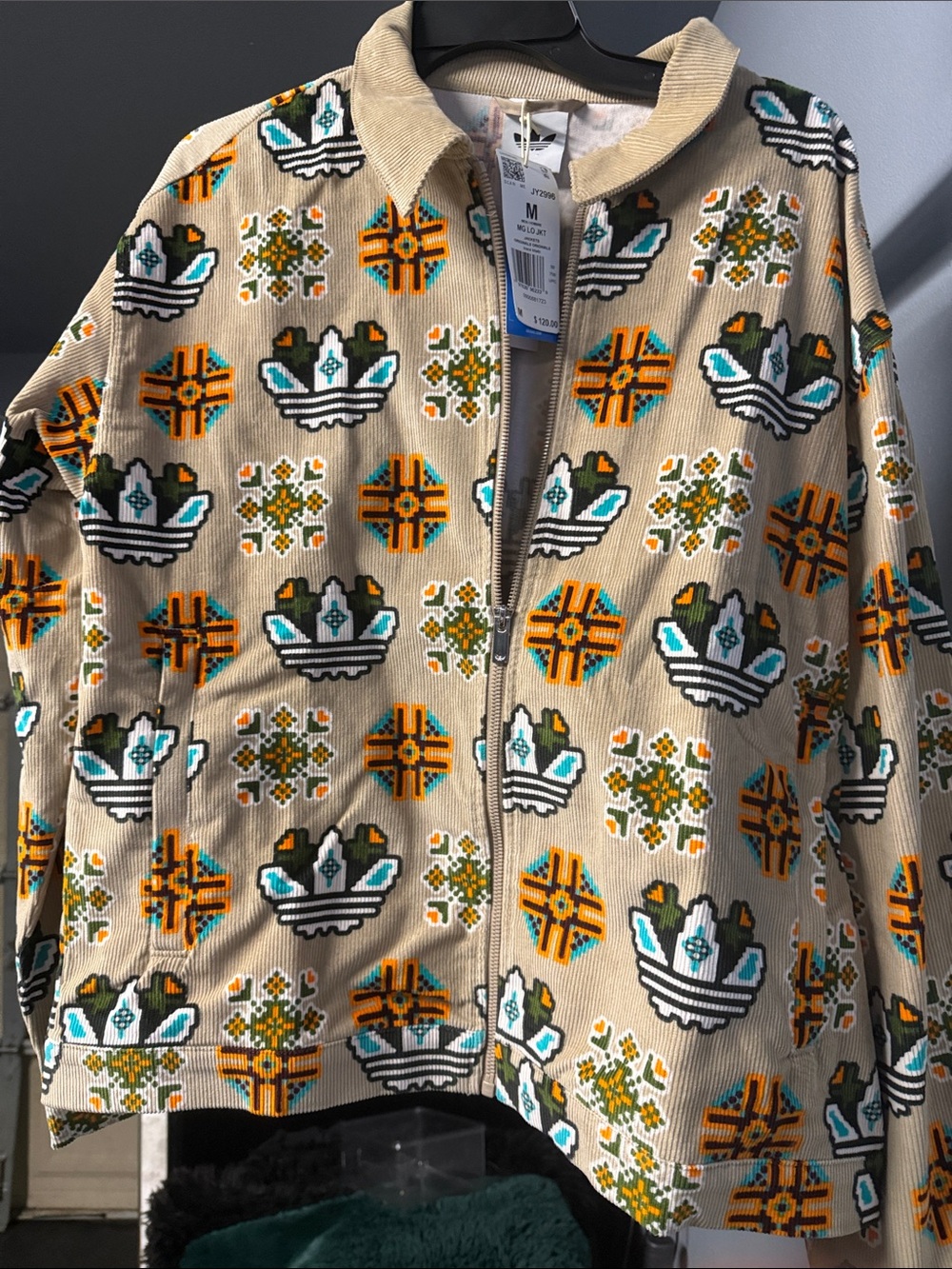 adidas Beige Corduroy Jacket with Orange, Teal & White Motif